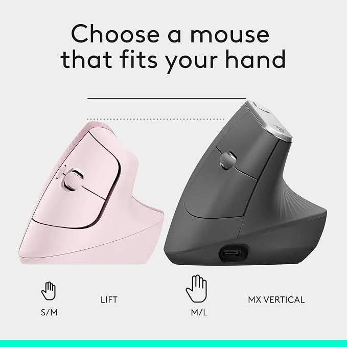 Logitech Lift Vertical Ergonomic Wireless Mouse - Rose | Connect via Bluetooth or included Logi Bolt USB-A receiver, quiet clicks, 4 of 6 buttons customizable, Windows Mac compatible - Image 9