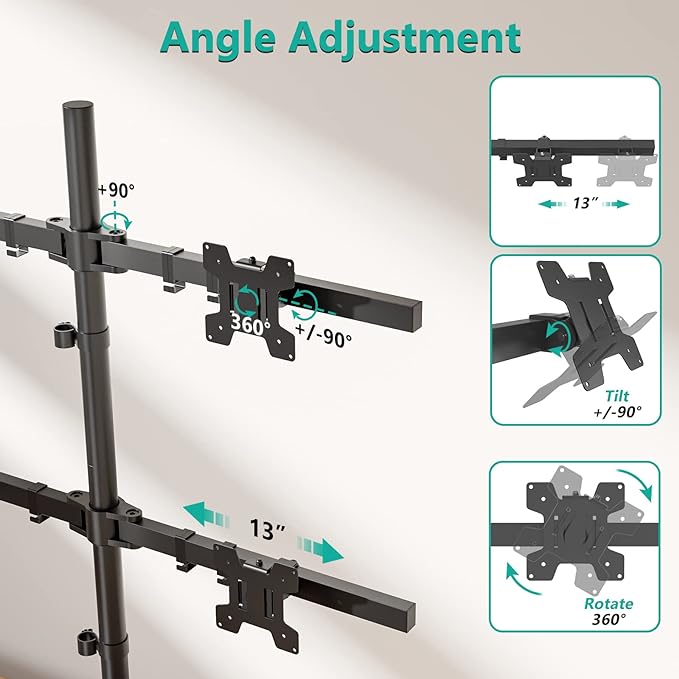 WALI Freestanding Quad Monitor Mount for 17-27 Inch Screens, Fully Adjustable 4 Monitor Stand with Swivel, Tilt, Rotation, Glass Base, Max Load 22 lbs per Arm (GMF004), Black - Image 5