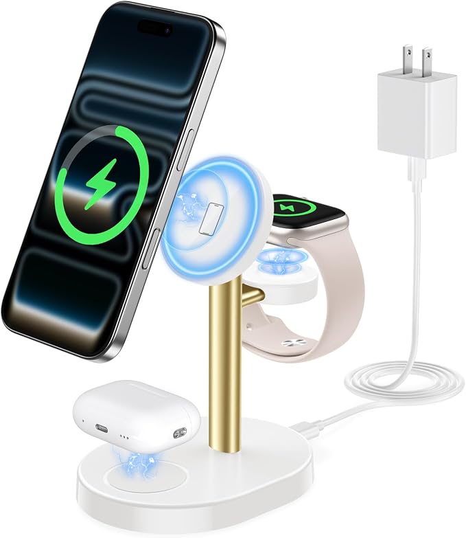 2026 3 in 1 Wireless Charging Station for Apple MagSafe Charger, 15W Fast Magnetic Mag-Safe Charger Stand for iPhone 17 16 15 14 13 12 Apple Watch AirPods Series, Gold&White by Hevanto