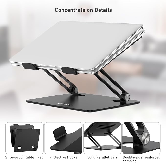 BoYata Laptop Stand, Adjustable Metal Desktop Riser, Up to 15 Inches, Black | Slide-Proof Silicone Pads and Protective Hooks Provide Stable Support for MacBook, Notebooks and Laptops up to 15 Inches - Image 5