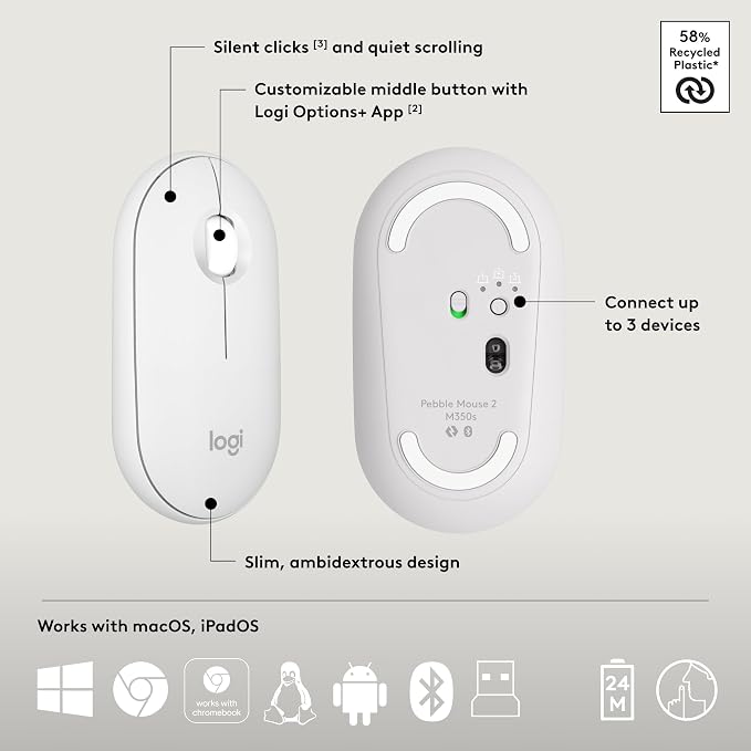 Logitech Pebble 2 Combo Wireless Keyboard and Mouse Quiet - Tonal White | Quiet and portable, customizable, Logi Bolt, Bluetooth, Easy-Switch, for Windows, macOS, iPadOS, Chrome - Image 7