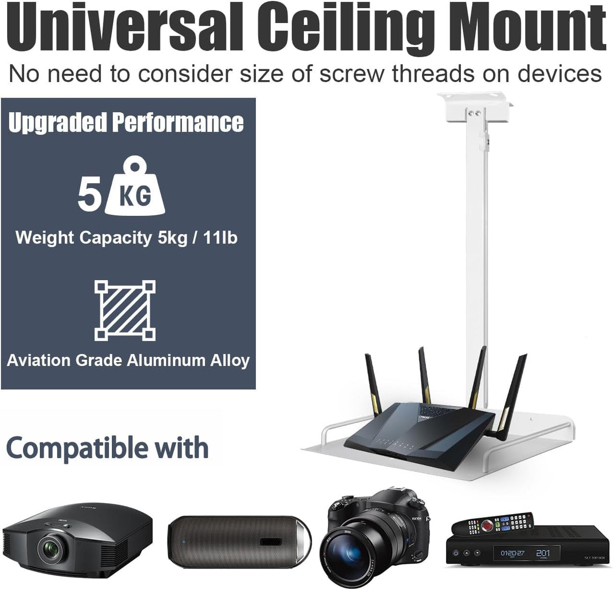 2-Be-Best Projector Ceiling Mount with Tray, 21 IN-37 in / 53.5CM-94CM Height Adjustable Projector Shelf Ceiling Tray Mount Upgraded Universal Longer Mounts for Projectors White - Image 5