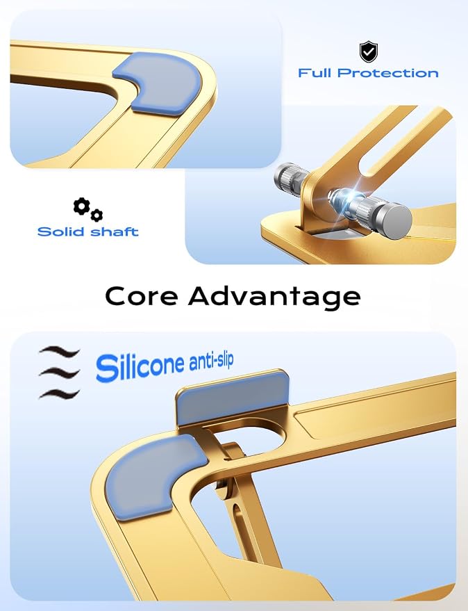 JCZT Adjustable Laptop Stand for Desk, Metal Foldable Laptop Riser, Gold | Ergonomic Portable Laptop Stand, Ventilated Cooling Computer Notebook Holder for MacBook Air Pro, All 10-16'' Laptops - Image 7