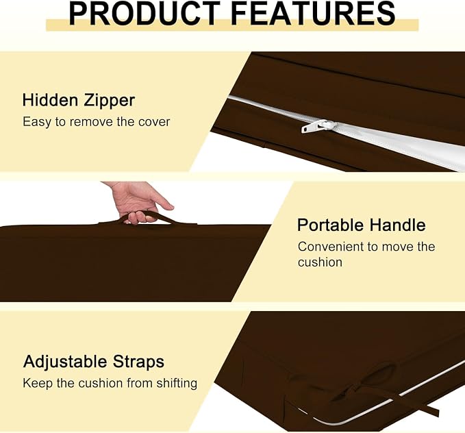 downluxe Waterproof Outdoor Chair Cushions Set of 2, 19" x 19" x 3" Patio Chair Cushion with Non-Slip Ties & Handle, Square Outdoor Cushion for Patio Furniture with Removable Cover, Brown - Image 5