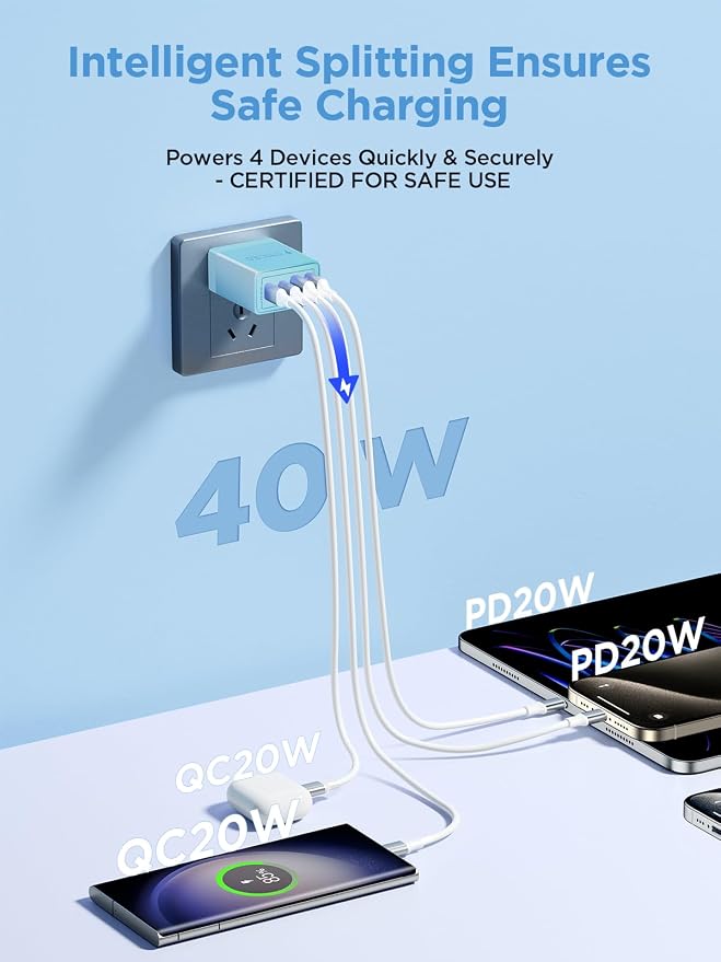 USB C Charger Block, 40W 4-Port Type C Fast Charging Cube Dual Charger Block PD Power Charger Adapter+QC 3.0 USB Multi Port Charging Brick for iPhone 16/15/14/13/12 Pro Max, iPad, Galaxy S24/23 - Image 2