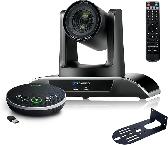 12x Zoom Conference Room Video Camera System, Al Auto-Tracking HD 1080P 60fps 12X Optical Zoom USB3.0 HDMI PTZ Camera 75° FOV and Bluetooth Conference Speaker with Microphones Bundle for Medium Room by TONGVEO
