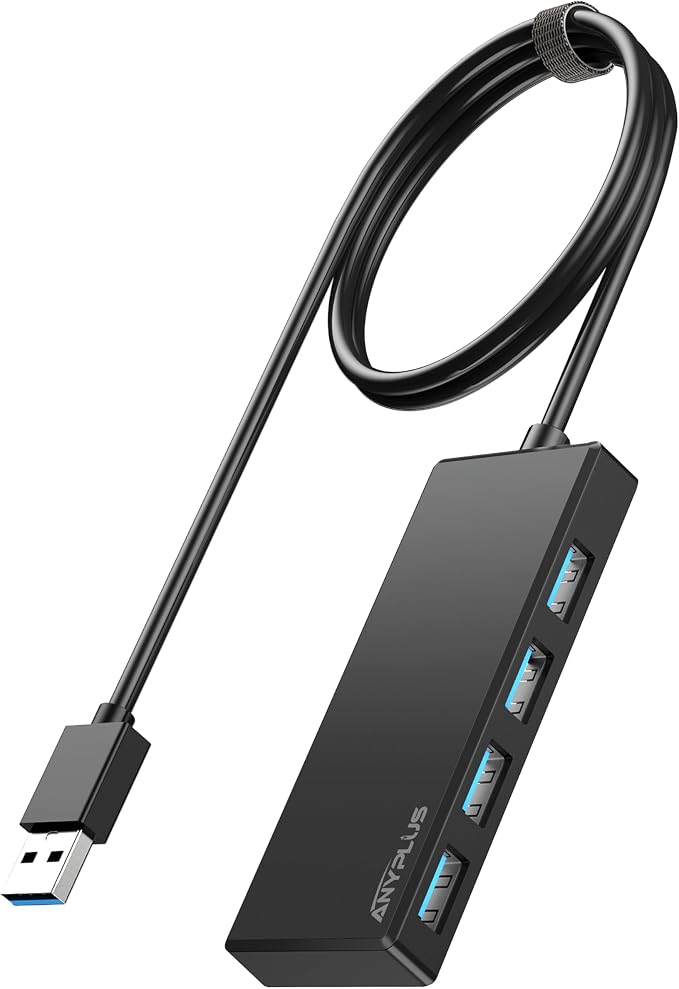 USB Hub, Multiport USB Splitter Adapter, 2 ft Long Cable USB 3.0 Hub, USB Extender for Laptop, PC, iMac, Surface Pro, MacBook, Mac Pro, Flash Drive, XPS, Mouse, HDD, Black, HJ-Black-0.5M-001 by ANYPLUS