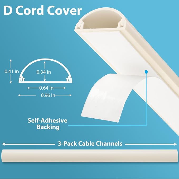 ZhiYo 42.5in Cord Covers for 1-2 Wires on Wall, 1" W x 0.4" H, Beige | Curved Design, Low-Profile Cord Hider, Self-Adhesive Cable Management Raceway for Wall-Mounted TV Wires, 3 Pack (14.2" Each) - Image 2