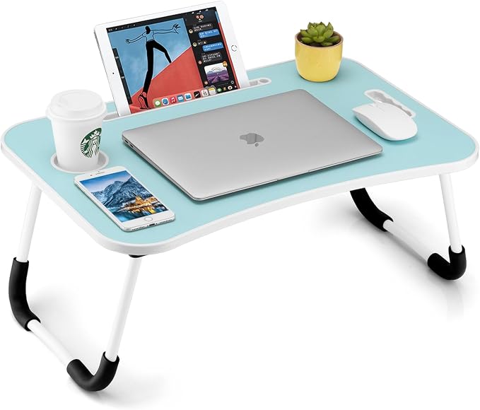 FISYOD Foldable Laptop Table, Portable Lap Desk Bed Table Tray, Laptop Stand with Cup Holder & Tablet Slot & Lifting Handle for Working Writing Drawing & Eating (Blue) by FISYOD
