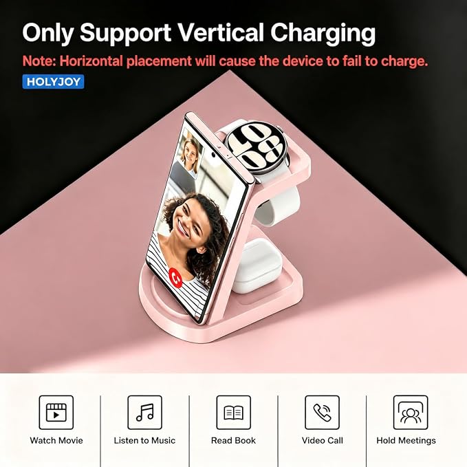 Wireless Charger for Samsung/Android, HOLYJOY 3 in 1 Fast Charging Station/Stand/Multi Charger for Samsung S26 Ultra/S25/Note 20, Travel Pad for Galaxy Watch 8/7/6/5/Active 2, for Buds(Pink) - Image 3