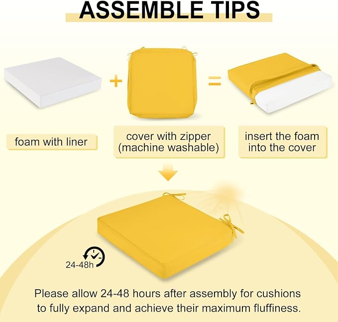 downluxe Waterproof Outdoor Chair Cushions Set of 4, 19" x 19" x 3" Patio Chair Cushion with Non-Slip Ties & Handle, Square Outdoor Cushion for Patio Furniture with Removable Cover, Yellow - Image 7