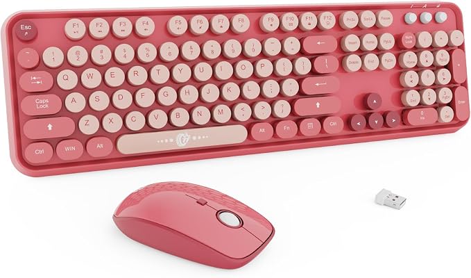 Wireless Keyboard and Mouse Combo | Cute Colorful Keyboard and Mouse with 2.4GHz Cordless Retro Typewriter Keyboard | Auto-Sleep | USB Receiver for Windows PC/Laptop - Pink Colorful by FD