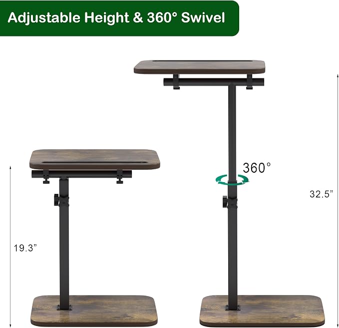 360° Swivel Sofa Side Table for Couch, Set of 2 | Adjustable Height, Laptop Table for Work, TV Trays Table for Snacks Reading, Fits Bed Chair, Phone & Tablet Slot - Image 6