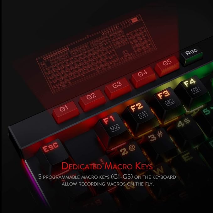 Redragon K580 Wired RGB Mechanical Gaming Keyboard, Macro Key & Media Wheel | 5 On-Board Keybinding Buttons for MMO MOBA Games, Dedicated Media Controls, Tactile Brown Switch for Long-Time Typing Feel - Image 3
