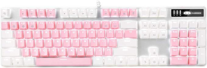 MageGee Mechanical Gaming Keyboard, New Upgraded Blue Switch 104 Keys White Backlit Keyboards, USB Wired Mechanical Computer Keyboard for Laptop, Desktop, PC Gamers(White & Pink) by MageGee