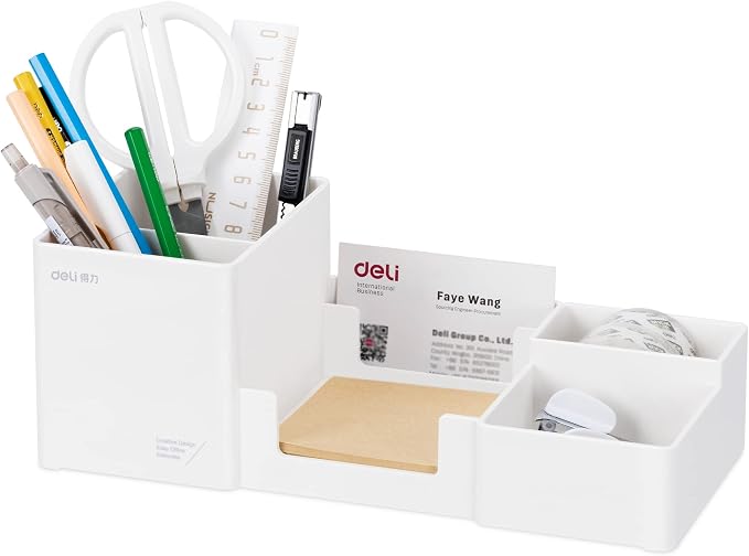 deli Desk Organizer, Plastic Desktop Organizer with Pencil Holder and Sticky Note Tray, Office Stationery Supplies Organizers Accessories Caddy, 6 Compartments, White by delioffice