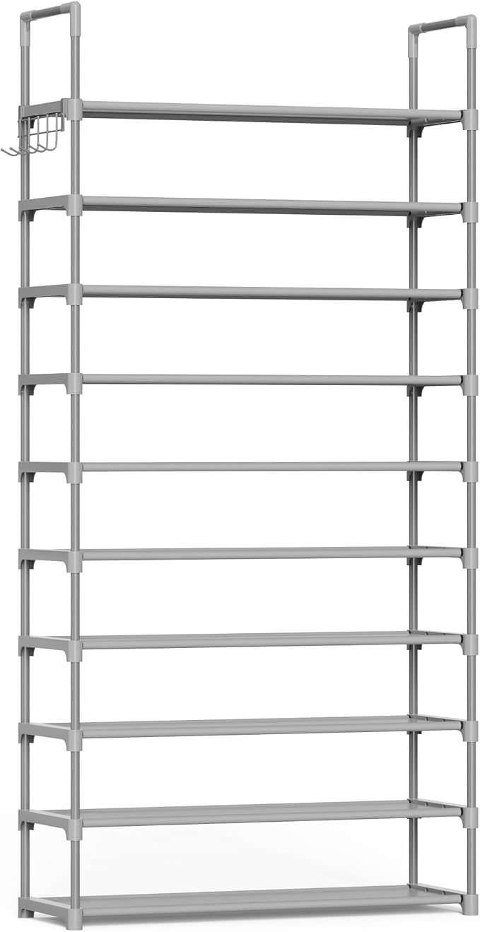Kitsure 10 Tier Shoe Rack, Tall Shoe Organizer, 32.2" Wide, Gray | Large-Capacity Shoe Storage with Hooks, Shoe Shelf for Closet, Entryway, Bedroom, Living Room, Zapateras Organizer by Kitsure