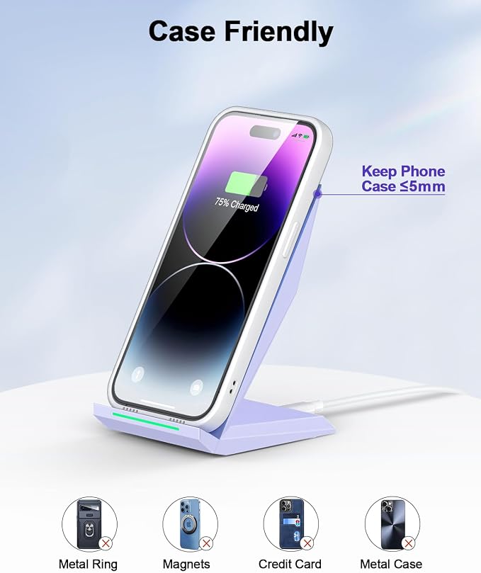 NANAMI Wireless Charger - Fast Wireless Charging Stand Compatible with Apple iPhone 17/17 Pro/17 Pro Max/16/15/14/13/12 Pro, Desktop Phone Charger for Samsung Galaxy S26/S26+/S25/S24/S23/S22/S21 - Image 5