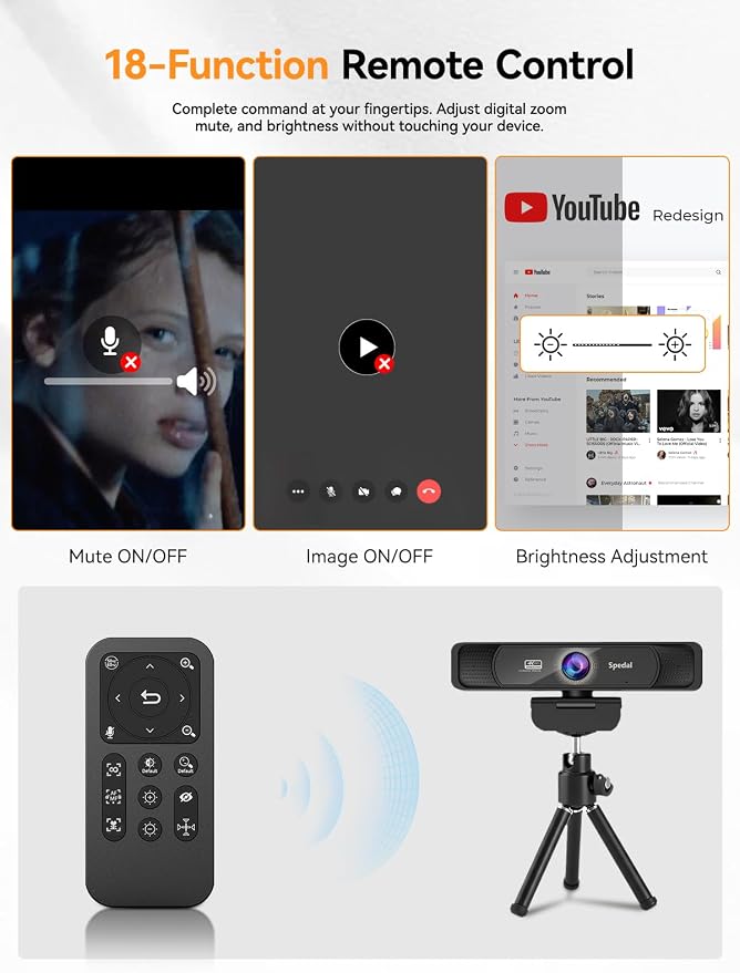 Spedal 4K Webcam with Tripod, Wide Angle 120° USB Webcam, Sony 1/2.8" Sensor, Dual Microphones, Remote Control, Auto Focus for Video Conferencing, Online Meetings, Streaming, Zoom & Teams | USB Webcam, 1/2.8", Dual Microphones, Auto Focus for Video Con... - Image 6