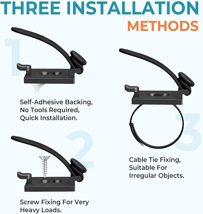 Kanemc 20PCS Cable Management Kit Adhesive Cable Clips | 20 Adjustable Cable Holders,20 Zip Ties,20 Screws&10 Extra Cable Straps, Cord Organizer for Home Office Under Desk Behind TV - Image 4