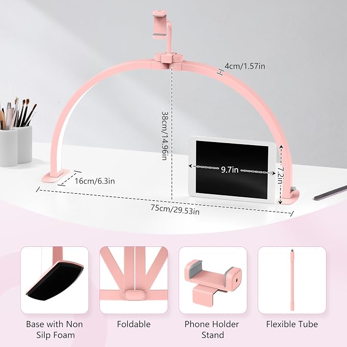 Yokilly Half Moon Light for Nail Desk: 29" Foldable Nail Light for Desk | Arch Nail Tech Light with Phone Holder for Beginner - 3 Color Modes & 10 Brightness for Manicure Salon-Pink - Image 4