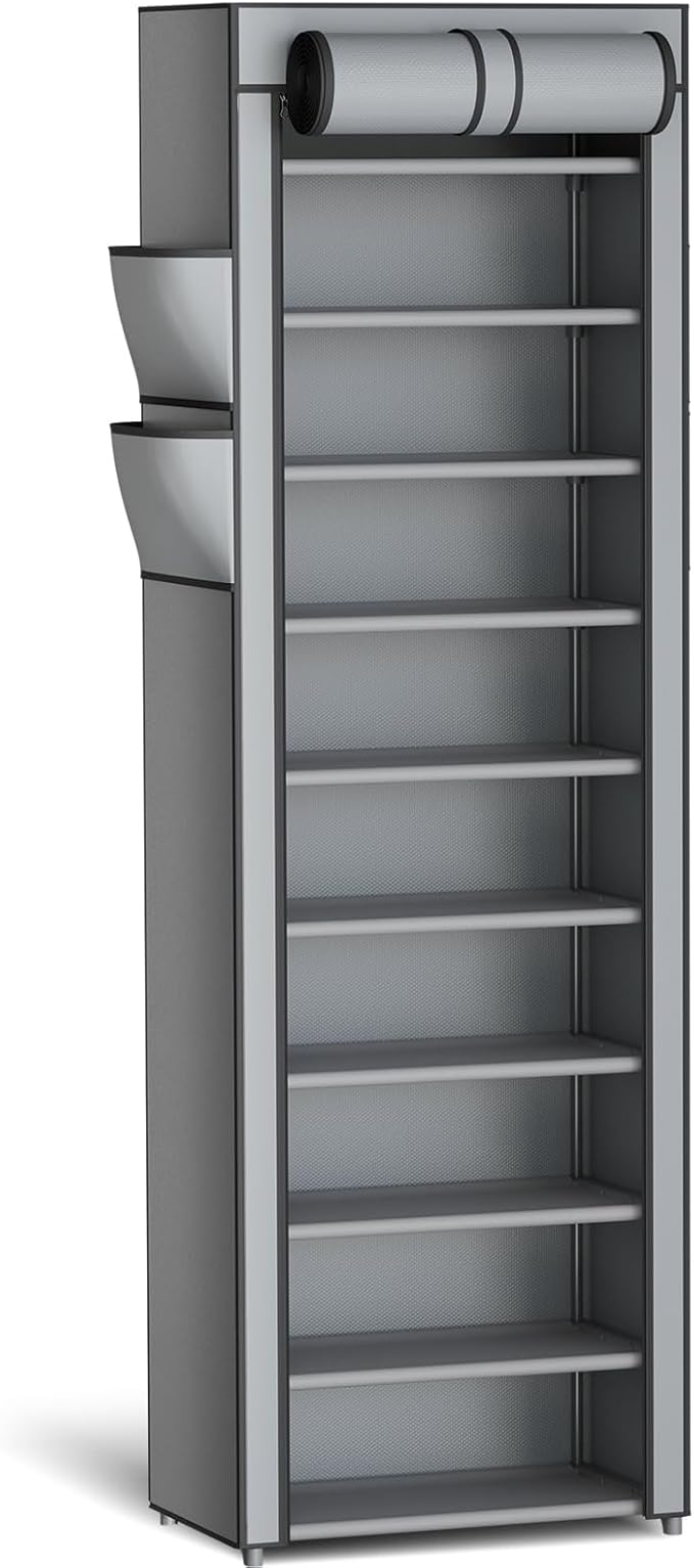 Kitsure 10-Tier Shoe Rack with Cover, Vertical Shelf, 17.5" Wide, Grey | Space Saving Shoe Storage with Side Pocket, Shoe Organizer for Closet, Entryway, Bedroom, Zapateras Organizer by Kitsure
