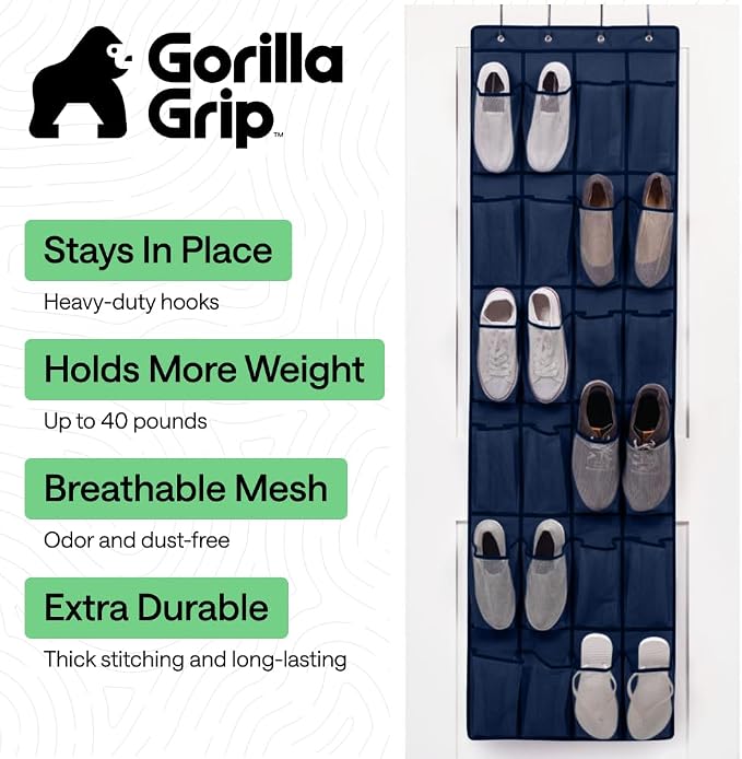 GORILLA GRIP Over the Door Shoe Organizer, 24 Large Pockets, Navy | Breathable Mesh Pocket, Space Saving Hanging Storage Holder, Closet Rack Hanger for Shoes, Pantry and Bathroom Accessories - Image 2
