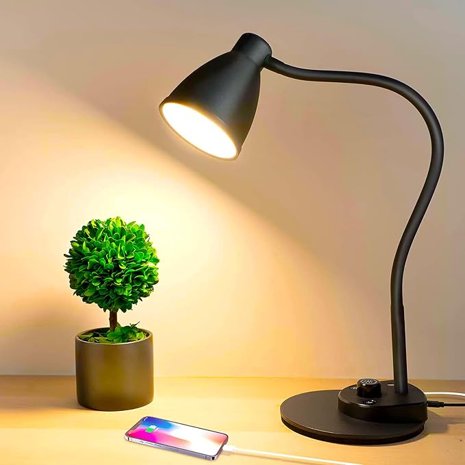 BOHON LED Desk Lamp with USB Charging Port 3 Color Modes Dimmable, Black | Reading Light Intelligent Induction Auto Dimming Task Lamp Neck Flexible Table Lamp for Bedside Office, AC Adapter Include by BOHON