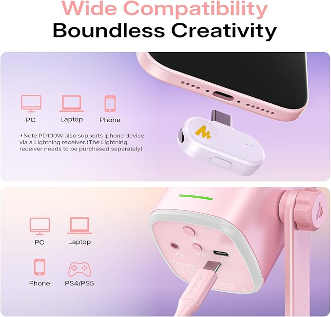 MAONO PD100W Wireless Dynamic Gaming Microphone for PC with USB-C Receiver | One-Click Noise Reduction,Custom RGB,Mute,Monitoring, Companion App,Wireless Desktop Mic for Creator, Stream, Podcast, Pink - Image 4