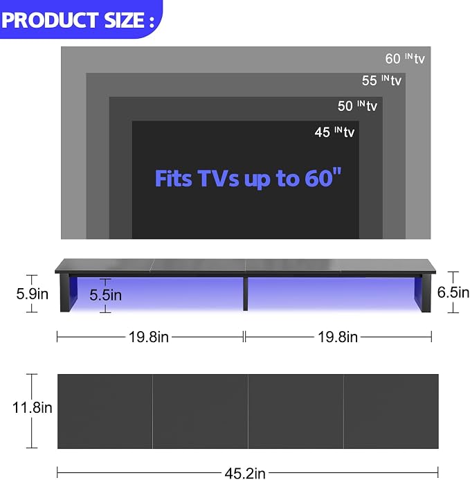 aboxoo 45" TV Riser with Light for 32-60 inch TV, TV Shelf with Steel Legs | Black TV Riser Stand with Storage, Tabletop TV Riser for Home Living Room, Study Office, Fit TV, Monitor, Laptop - Image 6