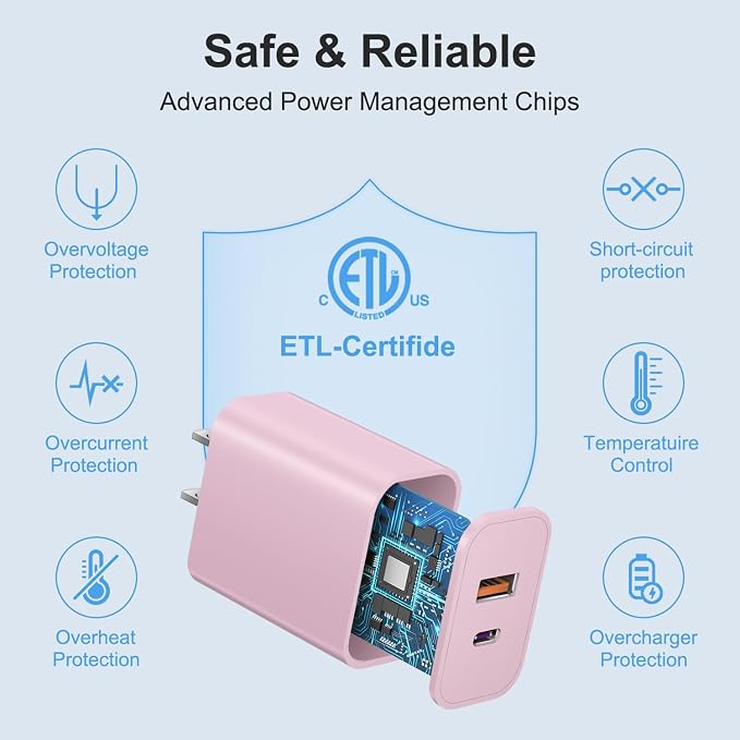 [4 Pack] USB C Charger Block Charging Block Type C Charger | 20W Wall Chargers for iPhone Air/17/17 Plus/17 Pro/17 Pro Max/16/16 Plus/16 Pro/16 Pro Max/15/15 Pro/15 Max/14/Samsung(Pink) - Image 3