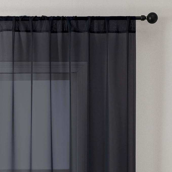 Black Short Sheer Cafe Kitchen Curtains 36 Inch Length 2 Panels Set | Half Curtains for Living Room Bedroom Basement Bathroom Small window, Sheer curtain over sink, Rod Pocket, Each 42"W x 36"L - Image 9