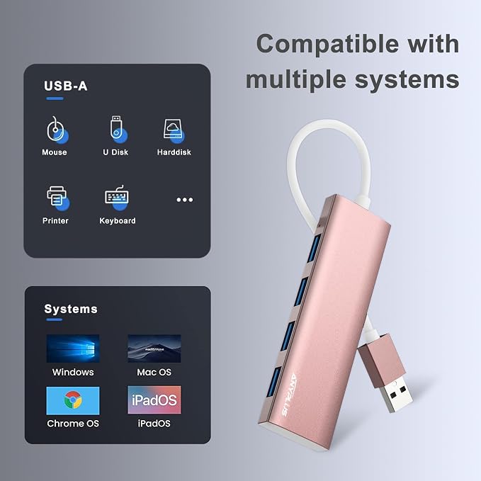 USB Hub, USB 3.0 Hub Aluminum Alloy Ultra Slim USB Splitter, Portable 4 Port USB Extender, USB Hub for Laptop, PC, MacBook, iMac, Surface Pro, Mac Pro, Flash Drive, XPS 【Pink】 - Image 5