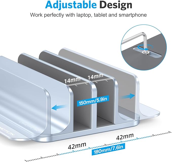 OMOTON Dual Vertical Desk Laptop Stand Holder, Fits MacBook Air, Sky Blue | Aluminum Laptop Storage Rack for Desk, Adjustable Dock for Up to 17.3 in. Gaming Laptop, Space-Saving Desk Organizer - Image 4