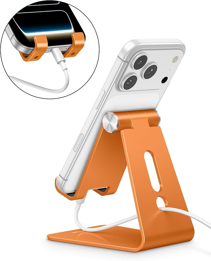 OMOTON Adjustable Cell Phone Stand, Aluminum Desktop Cellphone Stand with Anti-Slip Base and Convenient Charging Port, Fits All Smart Phones, Orange | Sturdy 3mm Aluminum, Charging Port, 270° Adjustable, Non-Slip Silicone Pads, Works with Thick Cases, ... - Image 6