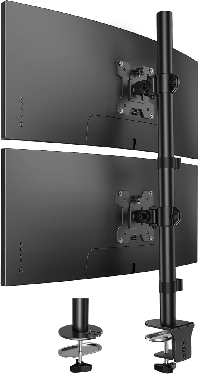 HUANUO Vertical Dual Monitor Mount, Stacked Monitor Stand for 2 Monitors with Height Adjustment Computer Monitor Arm Supports Two 17 to 32 Inch with C Clamp Each Desk Mount Hold up to 17.6lbs by HUANUO