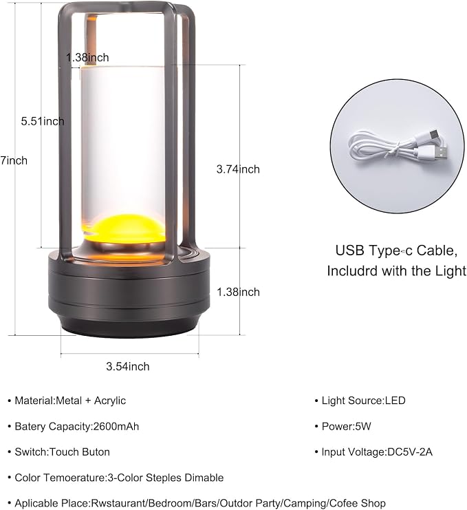 Rechargeable Cordless Small Metal Table Lamp, Stepless Dimming, 3-Color | Grey，2600mAh Battery, Portable LED Desk Light, Cute, Suitable for Indoor/Outdoor/Restaurant/Bedroom/Bar/Coffee/Camping - Image 7