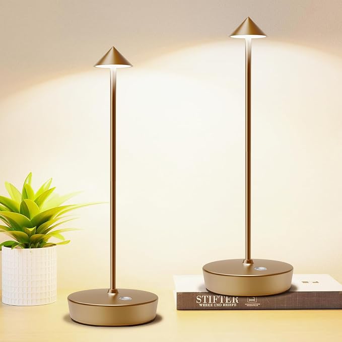 Set of 2 Cordless Rechargeable Led Table Lamp Battery Operated Light Bronze | 6000mAh Touch 3 Color Dimming Portable Metal Outdoor Waterproof Light for Patio/Restaurant/Dining/Home by Tpczqj