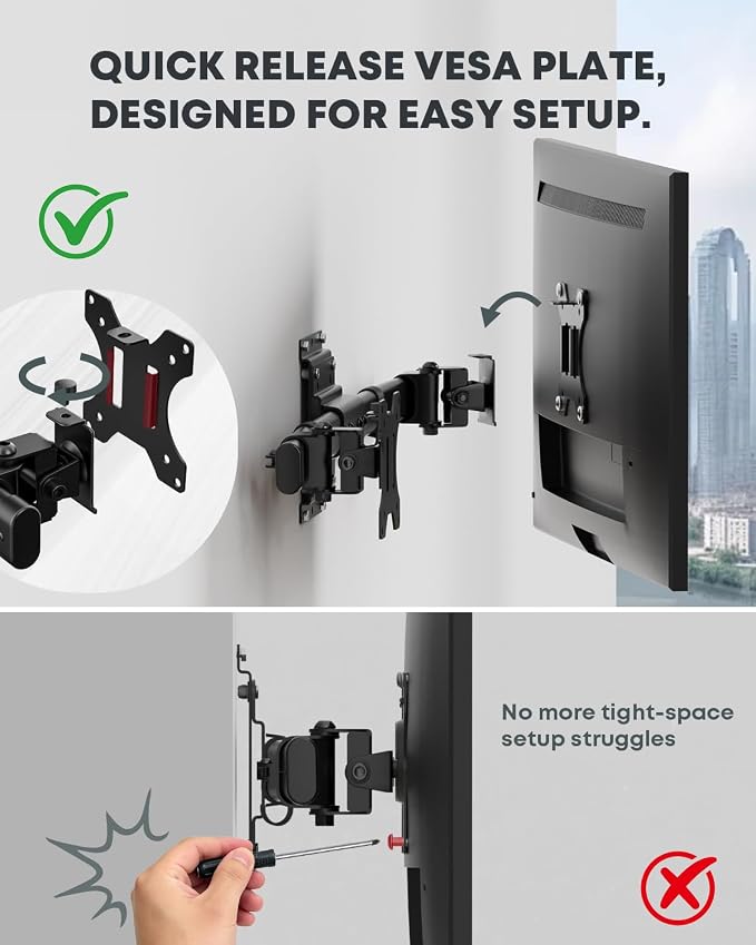 Dual Monitor Wall Mount fits 13-27 Inch, Single to Double Bracket Adapter | Ultra-Slim Wall Gap, Horizontal Assembly, Max 22lbs Per Arm, VESA 75x75/100x100mm, Black - Image 7