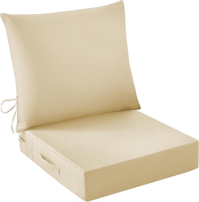 IASEAHK Outdoor Seat Cushion Set, Waterproof & Fade Resistant Patio Chair Cushions, Outdoors Cushion for Patio Furniture, 24 x 24 x 4 Inch, Outdoor Couch Cushions with Handle and Ties, Light Khaki by IASEAHK