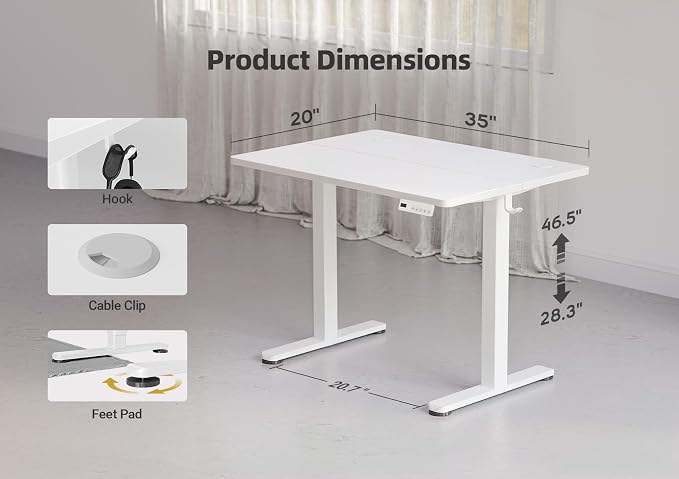 YDN 35 x 20 Inch White Electric Standing Desk | Adjustable Height, Sit Stand, Cable Management, Ergonomic, Home Office - Image 3