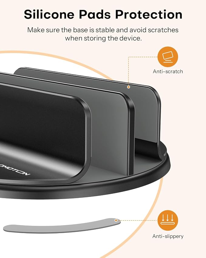 OMOTON 360° Vertical Laptop Stand Holder, Dual-Slot Aluminum Desk Organizer | Sides Knob Adjustment (No Lost Screws), Fits MacBook, iPad, Phones, and Tablets, Non-slip silicone, up to 17.3" - Image 4