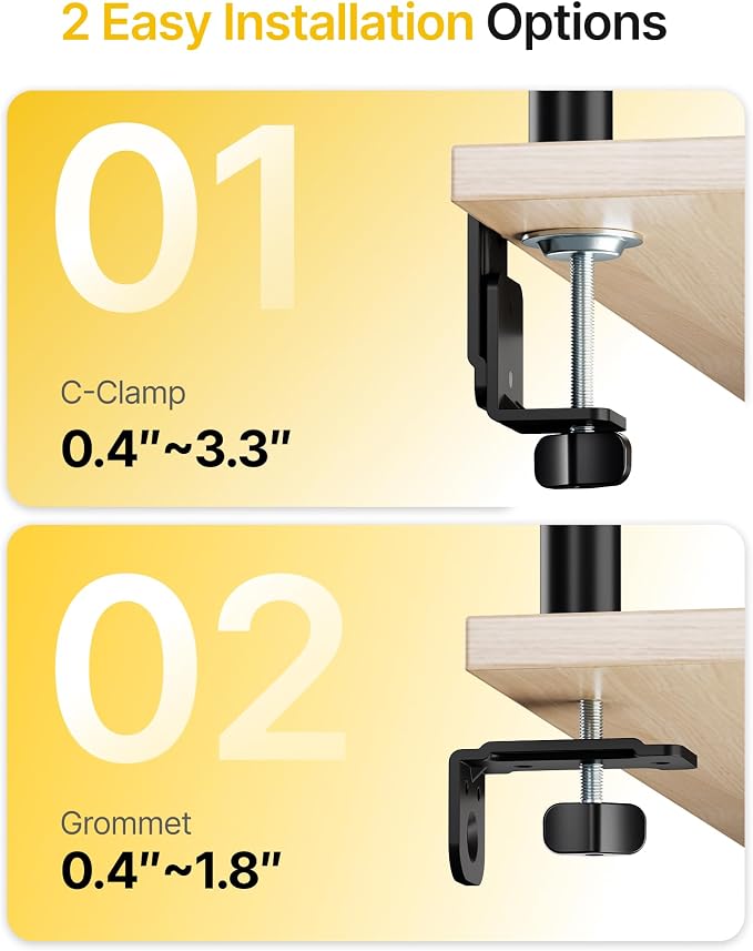 monTEK Triple Monitor Stand for 17-32" Screens, 22 lbs Each | Three-screen desk mount, height adjustment, tilt, swivel, rotation, clamp/grommet bases and VESA 75/100 - Image 5