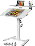 28" Mobile Standing Desk, Tiltable Top with 2-Tier Shelves, White | Pneumatic Rolling Desk, Adjustable Height Computer Workstation, Sit Stand Portable Drafting Table & Laptop Cart on Wheels by LiftSync