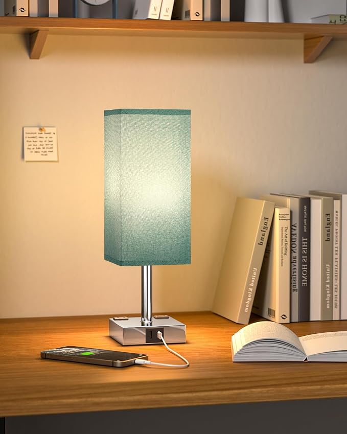 Turquoise Touch Table Lamp for Bedroom - Dimmable, USB C+A, 2 AC Outlets | 3-Way Dimming, 3000K Bulb Included, Square Teal Lampshade and Silver Base, Desk Lamp for Nightstand, Living Room, Green - Image 7