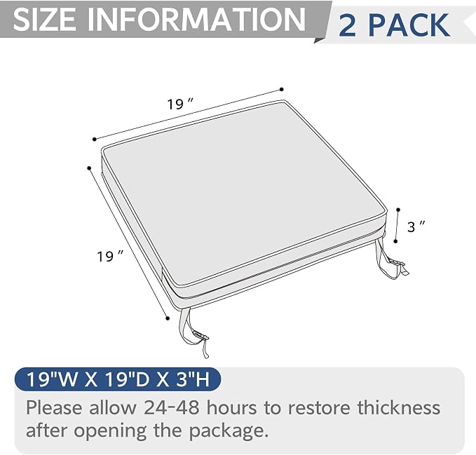 Outdoor Seat Cushions 19 x 19 x 3 Inch, Water Repellent Patio Chair Foam Cushions with Straps, Outdoor Cushions for Patio Furniture Garden Sofa, Set of 2, Jacobean Black - Image 3