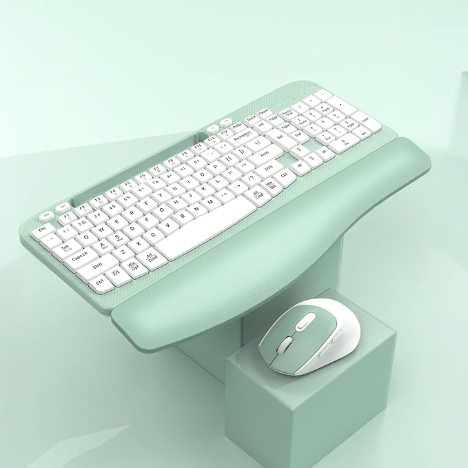 Wireless Keyboard and Mouse Combo, Full-Sized Ergonomic Wave Keys Keyboard with Memory Foam Wrist Rest & Phone Holder, 2.4G Quiet Keyboard Mouse Work Setup for PC Laptop, Office or Home (Mint Green) - Image 9