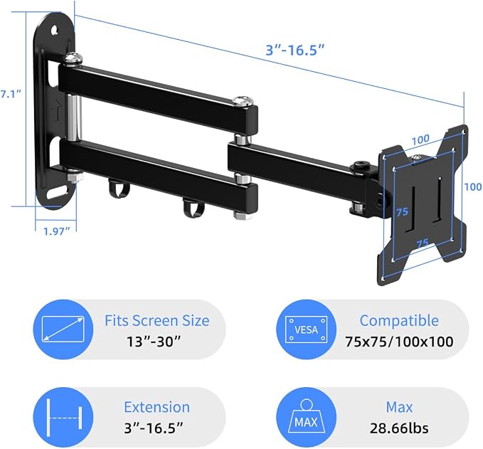 suptek TV Wall Mount Bracket Monitor arm TV Wall Mount Bracket Display arm Monitor Mount for 13-30" Adjustable up/Down, Left/Right Angle, 28.66lbs Load Capacity VESA75-100mm MA2776 - Image 2