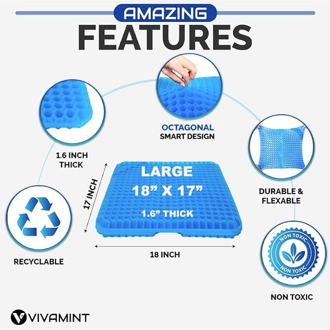 Large Gel Seat Cushion for Long Sitting, Cooling Gel Cushion for Office Chair, Tailbone Sciatica Coccyx Pain Pressure Relief Orthopedic Seat Cushion, Double Handles Non Slip Cover for Car Wheelchair - Image 6