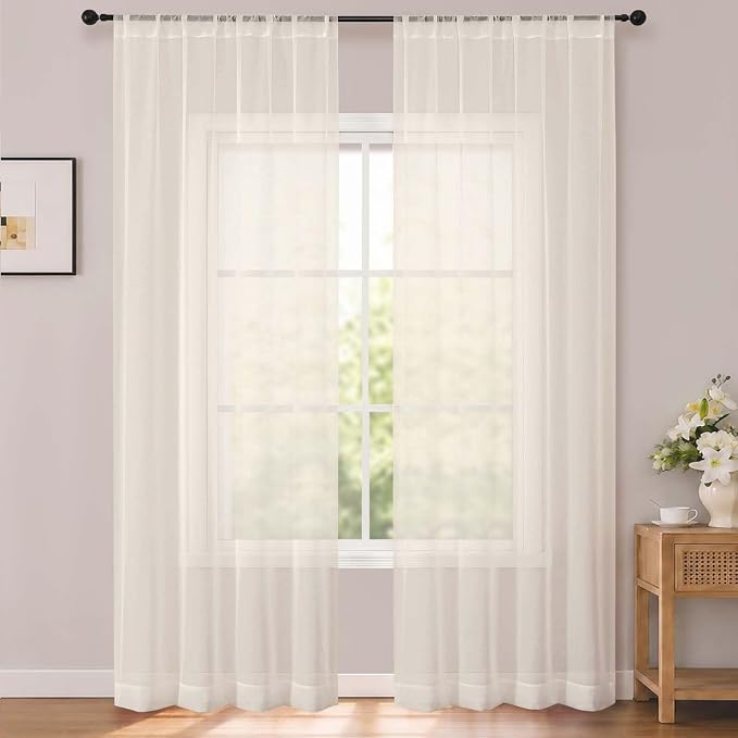 Cream Sheer Curtains 96 inches Long for Bedroom 2 Panels Set | Elegant Airy Sheer White Curtain for Living Room, Light Filtering Voile Window Treatments, Rod Pocket, Each Panel 42 X 96 In by OWENIE